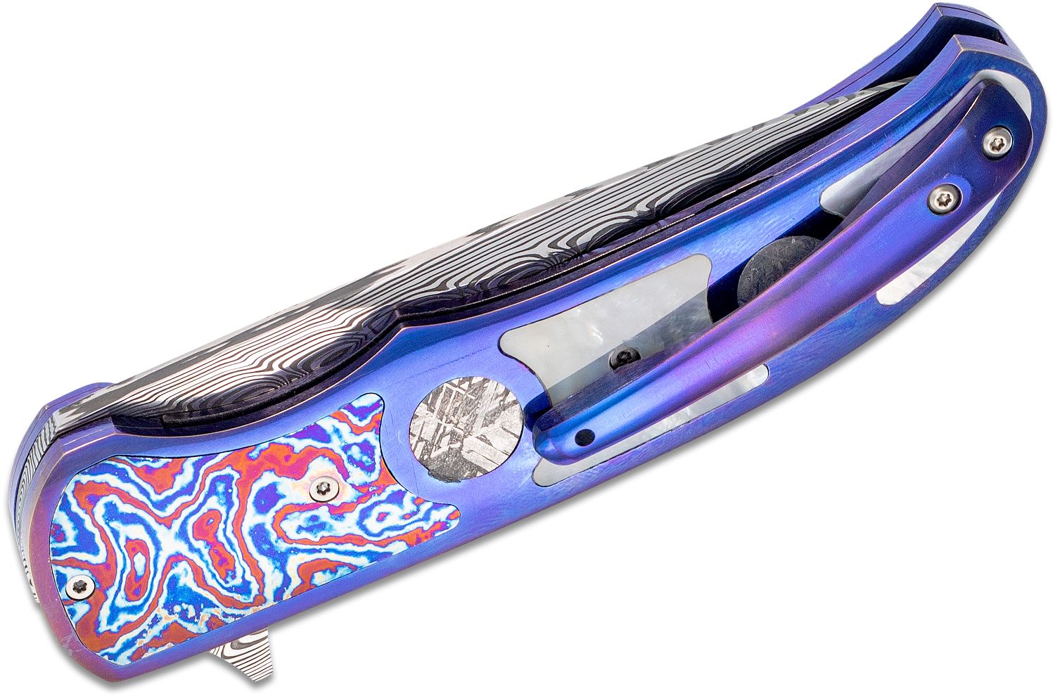 George Muller Custom LL CCC Flipper Knife 3.375 Hakkapella Damasteel  Blade, Blurple Titanium Handles with Mother of Pearl, Timascus and  Meteorite Inlays - KnifeCenter - Discontinued