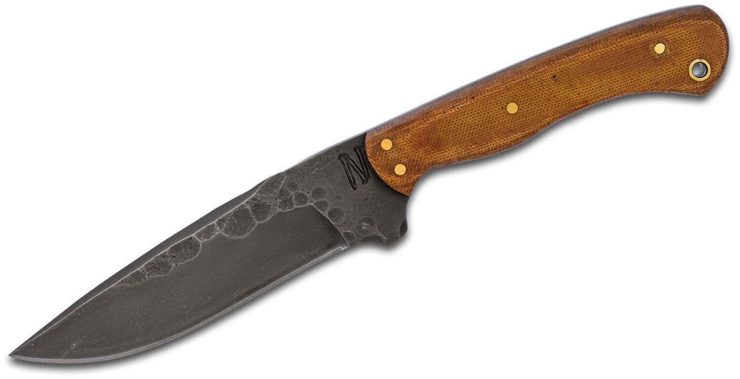 Naylor Forge Custom Special Forces Utility Fixed Blade Knife 4.75 52100  Carbon Steel, Tan Linen Micarta Handles, Leather Drop Sheath - KnifeCenter  - SF Utility - Discontinued