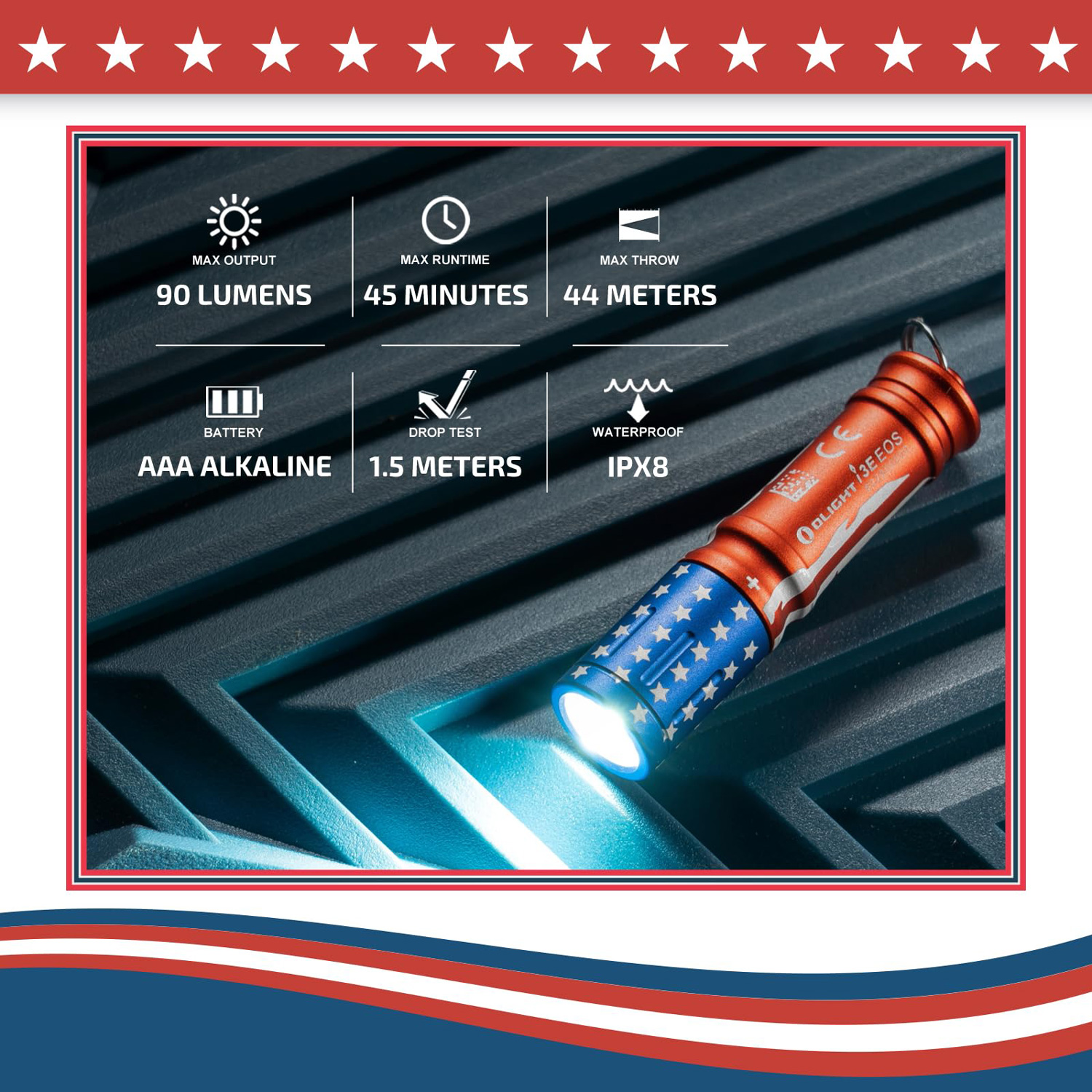 Olight i3E EOS Stars & Stripes Keychain LED Flashlight, 90 Max