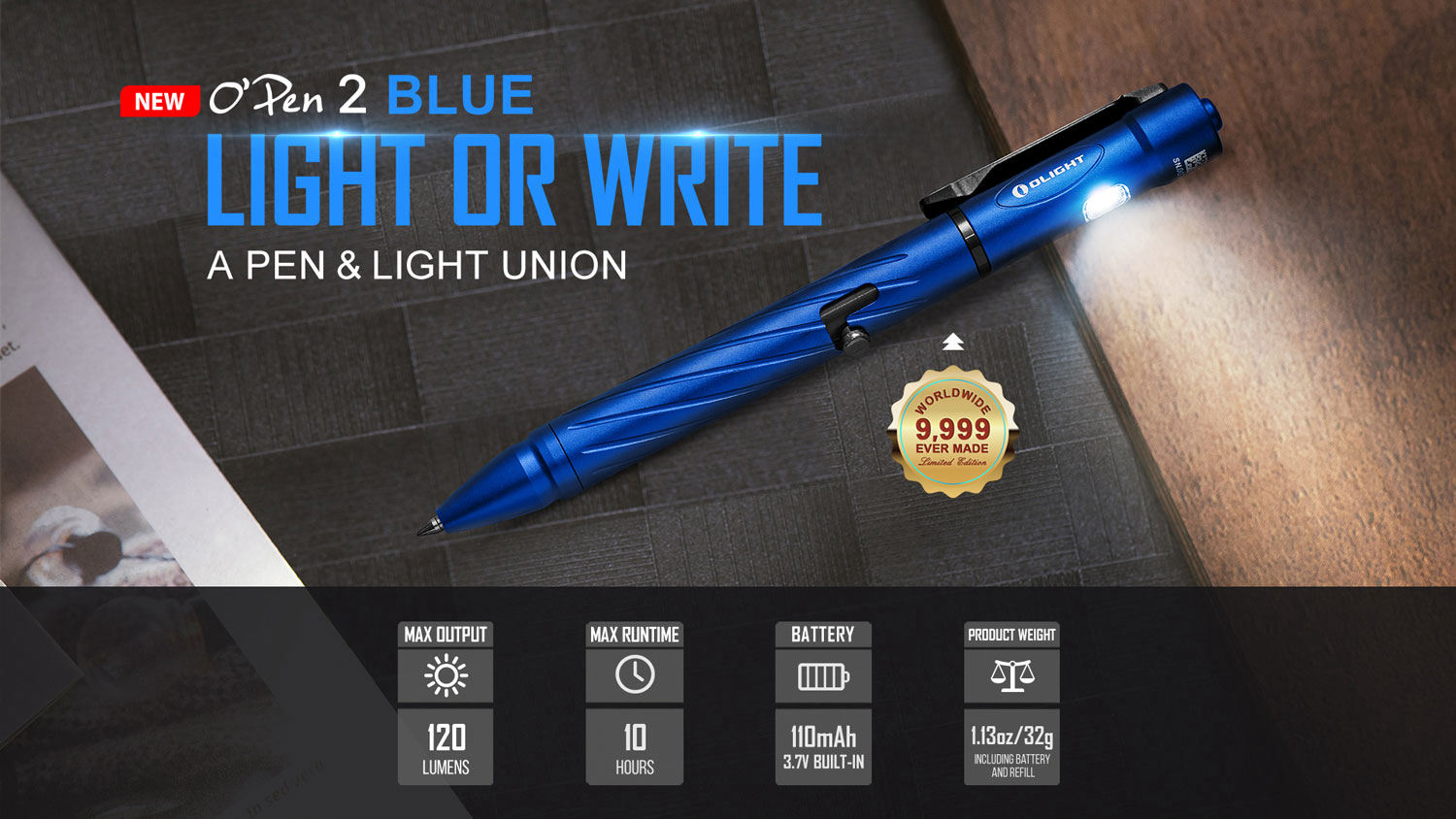 Olight O'Pen 2 Pen with Integrated LED Flashlight, Blue, 120 Max Lumens