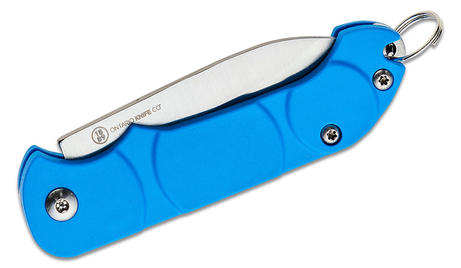 Ontario Traveler Keyring Folding Knife 2.13 Satin Plain Blade, Blue Synthetic  Handles - KnifeCenter - ON8901BLU