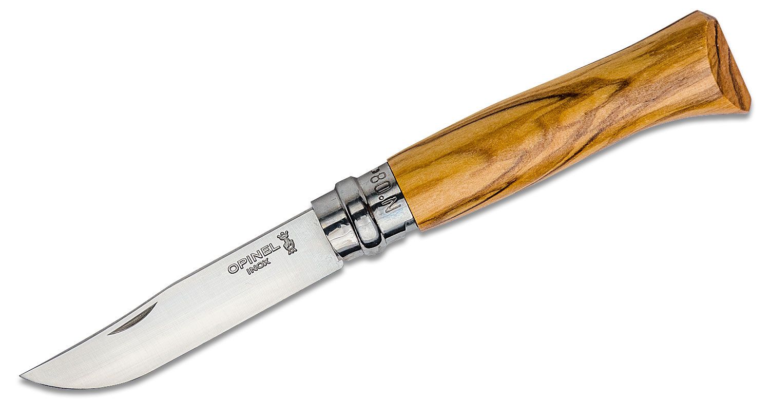 Opinel N08 Folding Knife 3.28 Sandvik 12C27 Stainless Plain Blade, Olive  Wood Handle - KnifeCenter - 002020