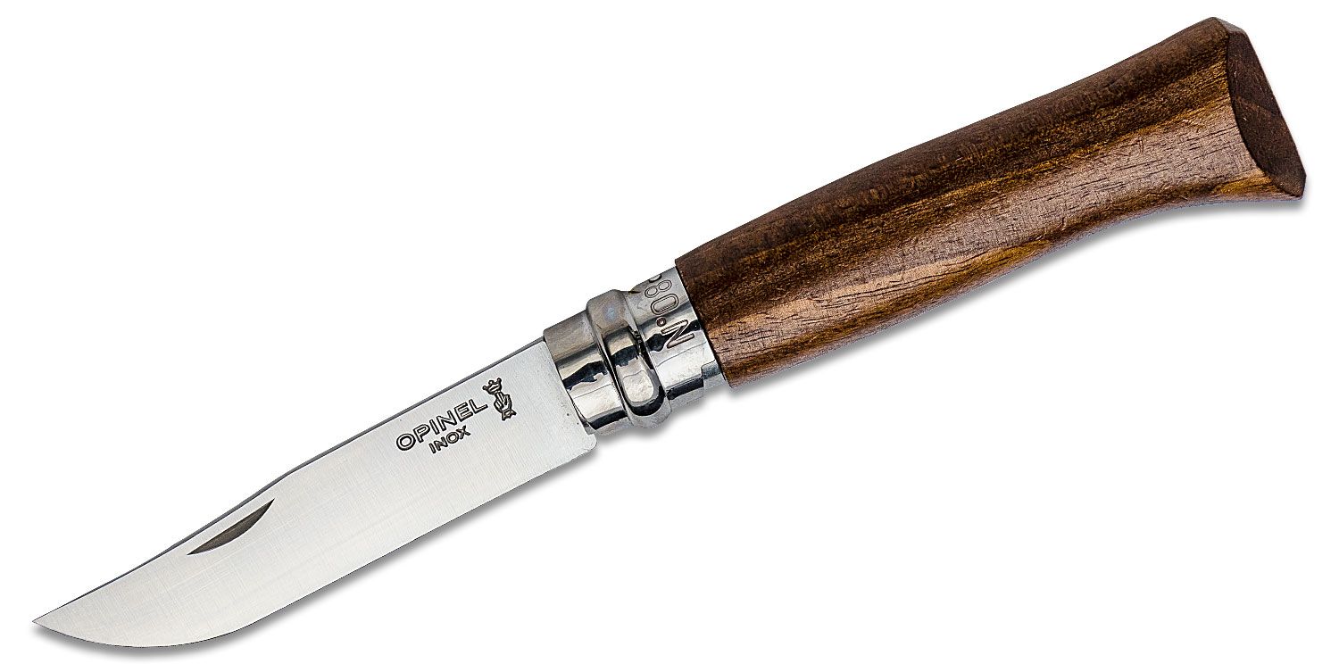 Opinel N08 Folding Knife 3.28 Sandvik 12C27 Stainless Plain Blade, Walnut  Wood Handle - KnifeCenter - 002022