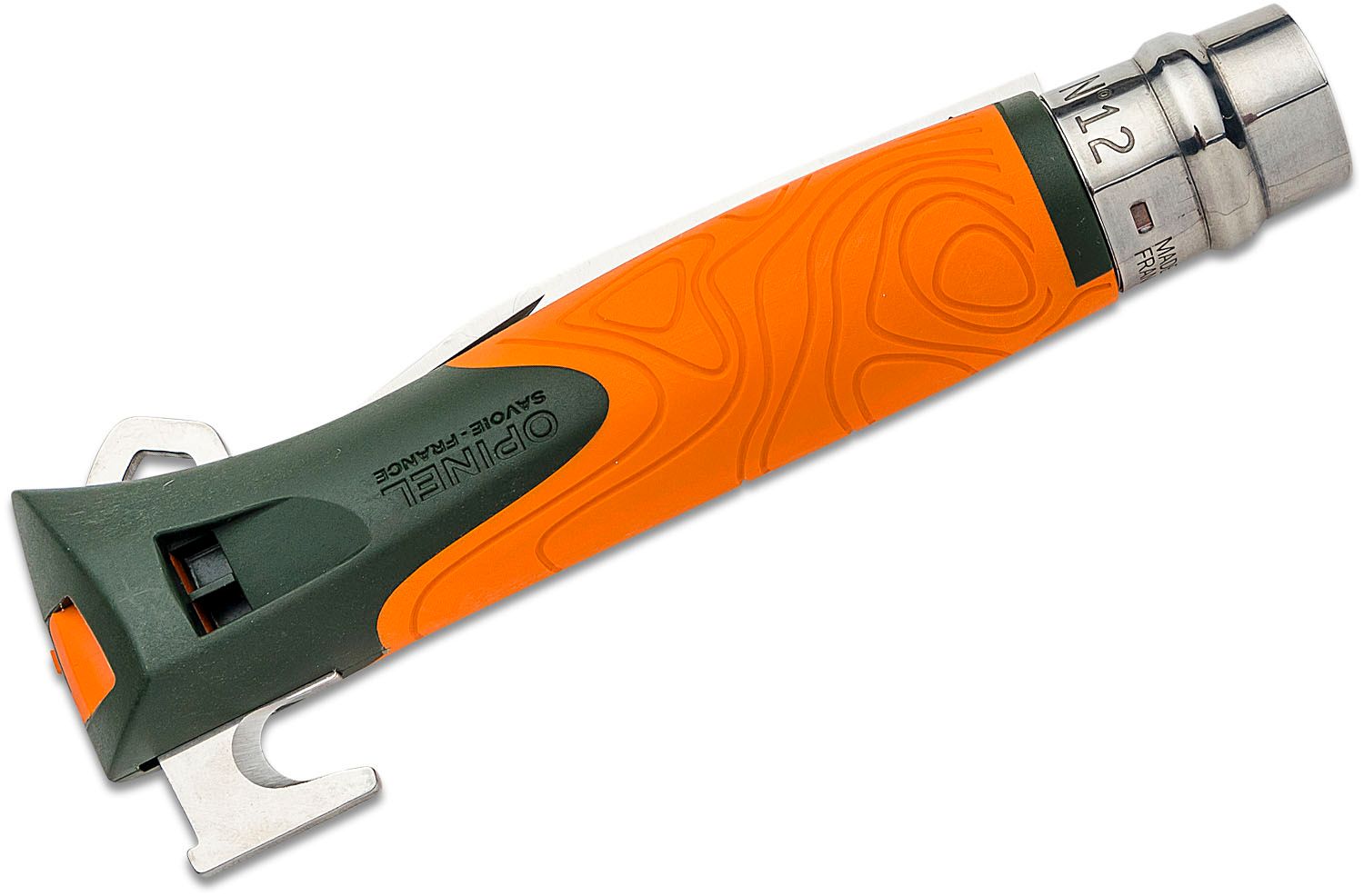 Opinel N012 Explorer Folding Knife 4 Sandvik 12C27 Stainless Plain Blade,  Orange Polymer Handle w/ Tick Remover - KnifeCenter - 002454