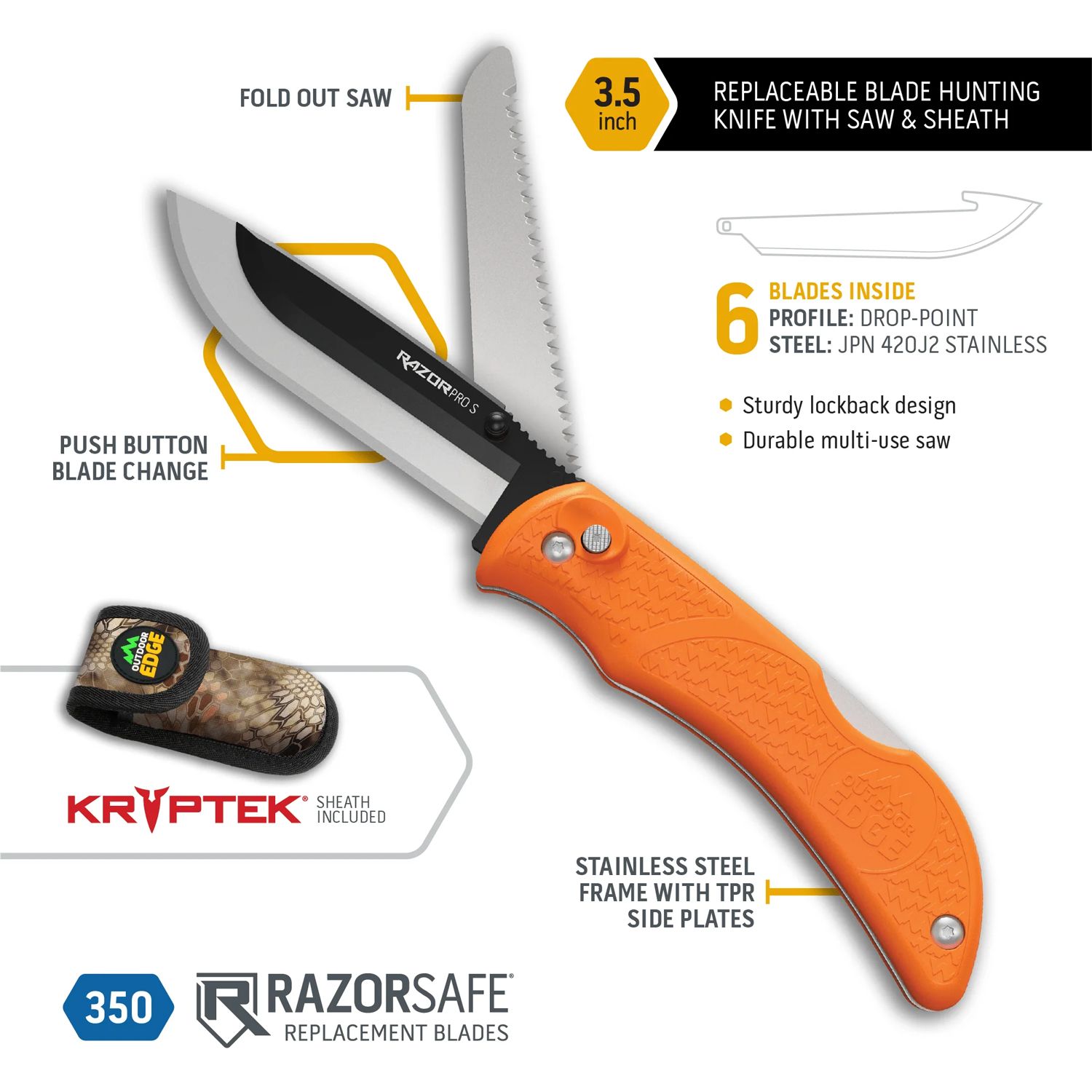 Outdoor Edge Razor-Pro Folding Hunter 3.5 Replaceable Blade with Gutting  Blade, Orange TPR Handles, Mossy Oak Nylon Sheath - KnifeCenter - RO-20