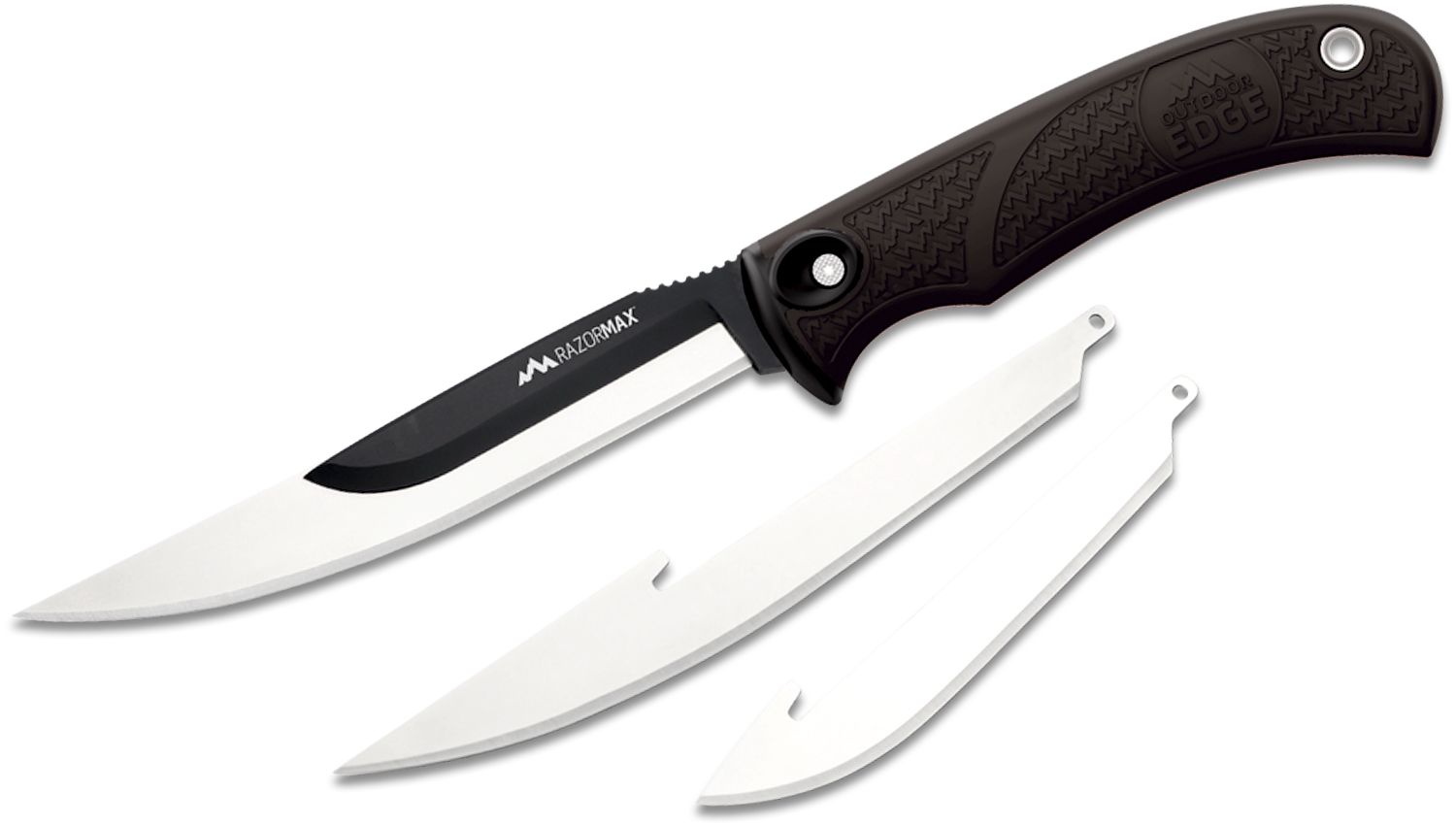 Outdoor Edge RazorMax Fixed Blade Knife 3.5 and 5 Interchangeable Blades,  Black TPR Handle, Black Nylon Sheath - KnifeCenter - RMK-10C