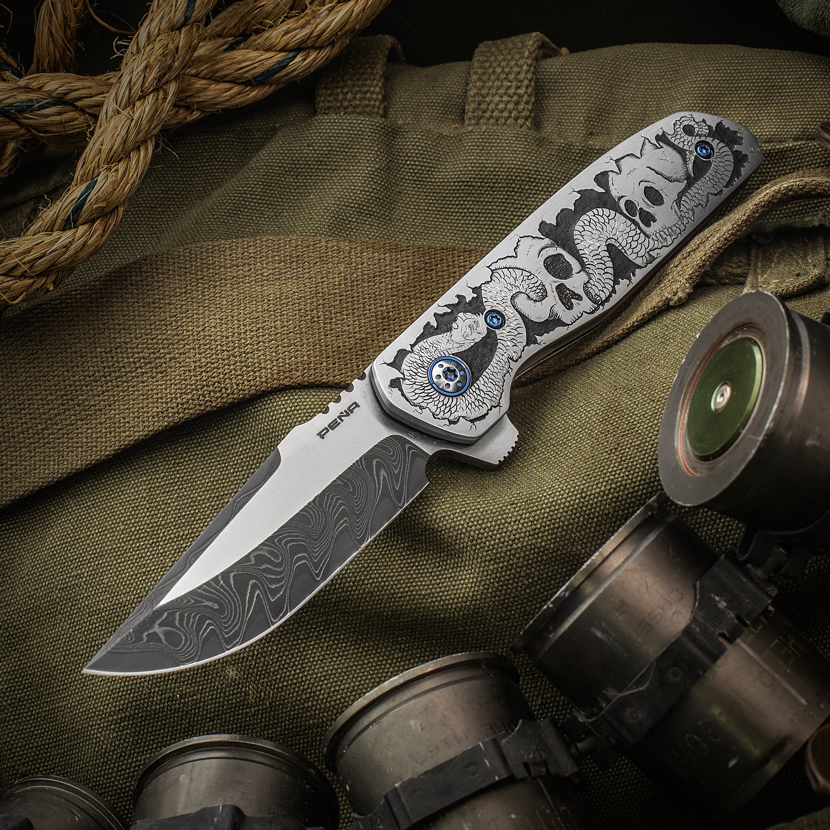 ハーフフェイスブレイズ　ナイフ　リング　タクティカル　タントー　ネイビーシールズ Enrique Pena Custom Engraved Talon Liner Lock Flipper 3.5