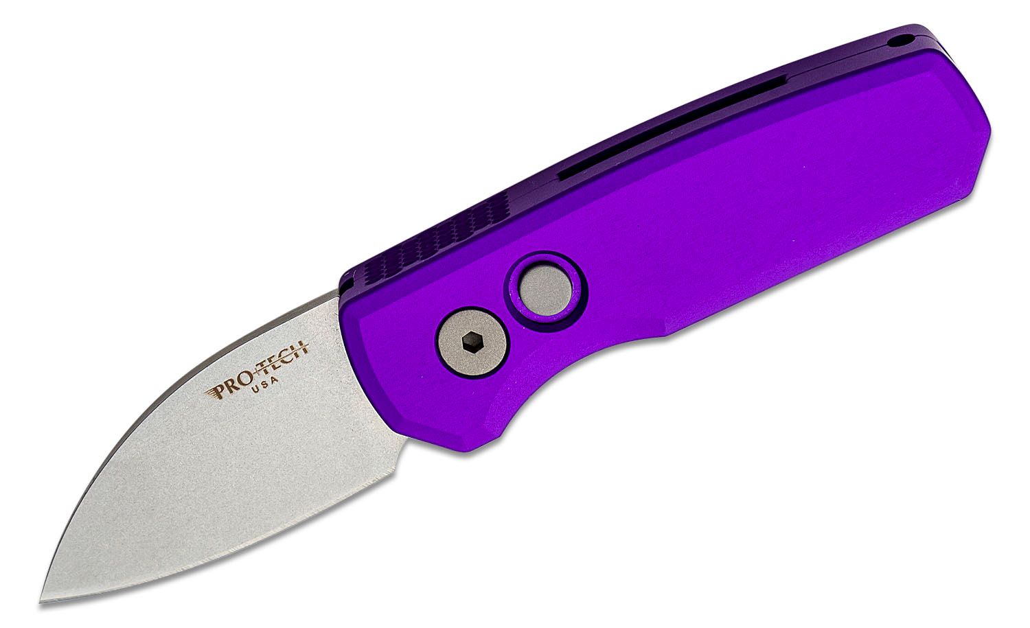 Pro-Tech Knives Runt 5 Auto R5301-PURPLE @ SRKT Stonewash CPM Magnacut  Wharncliffe Blade Purple Anodized 6061-T6 Aluminum Handle Scales Push  Button Button Lock Automatic Folding Pocket Knife Made in California, USA