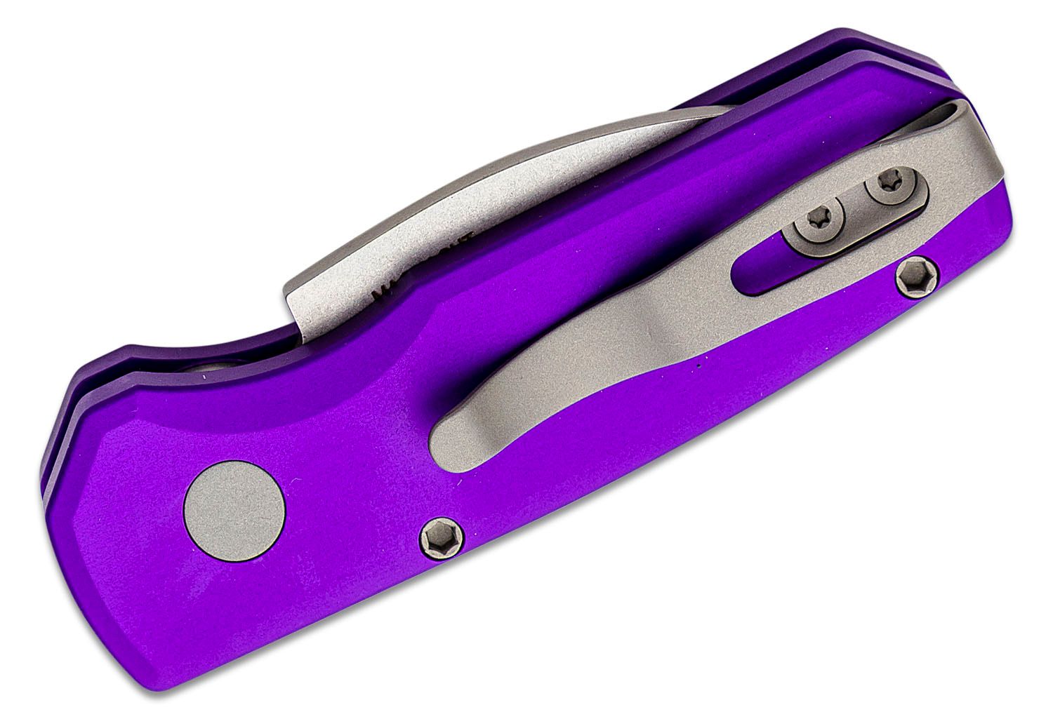 Pro-Tech Knives Runt 5 Auto R5301-PURPLE @ SRKT Stonewash CPM Magnacut  Wharncliffe Blade Purple Anodized 6061-T6 Aluminum Handle Scales Push  Button Button Lock Automatic Folding Pocket Knife Made in California, USA