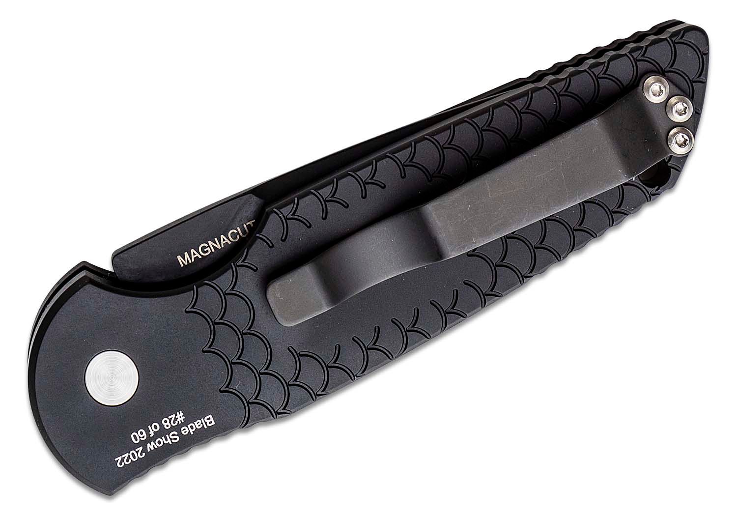 Pro-Tech Tactical Response 3 Auto TR-3 MC1 @ SRKT Stonewash Magnacut Drop  Point Automatic Blade Black Aluminum Fish Scale Handle Slide Safety Push  Button