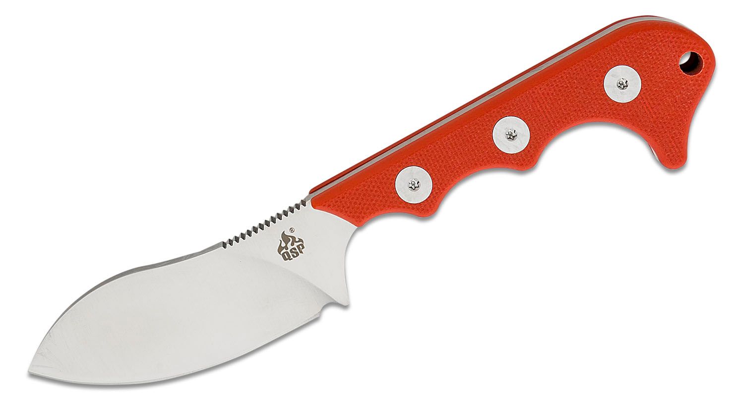 QSP Knives Neckmuk Neck Knife 2.875 D2 Satin Sheepsfoot, Red G10 Handles,  Black Kydex Neck Sheath - KnifeCenter - QS125-G