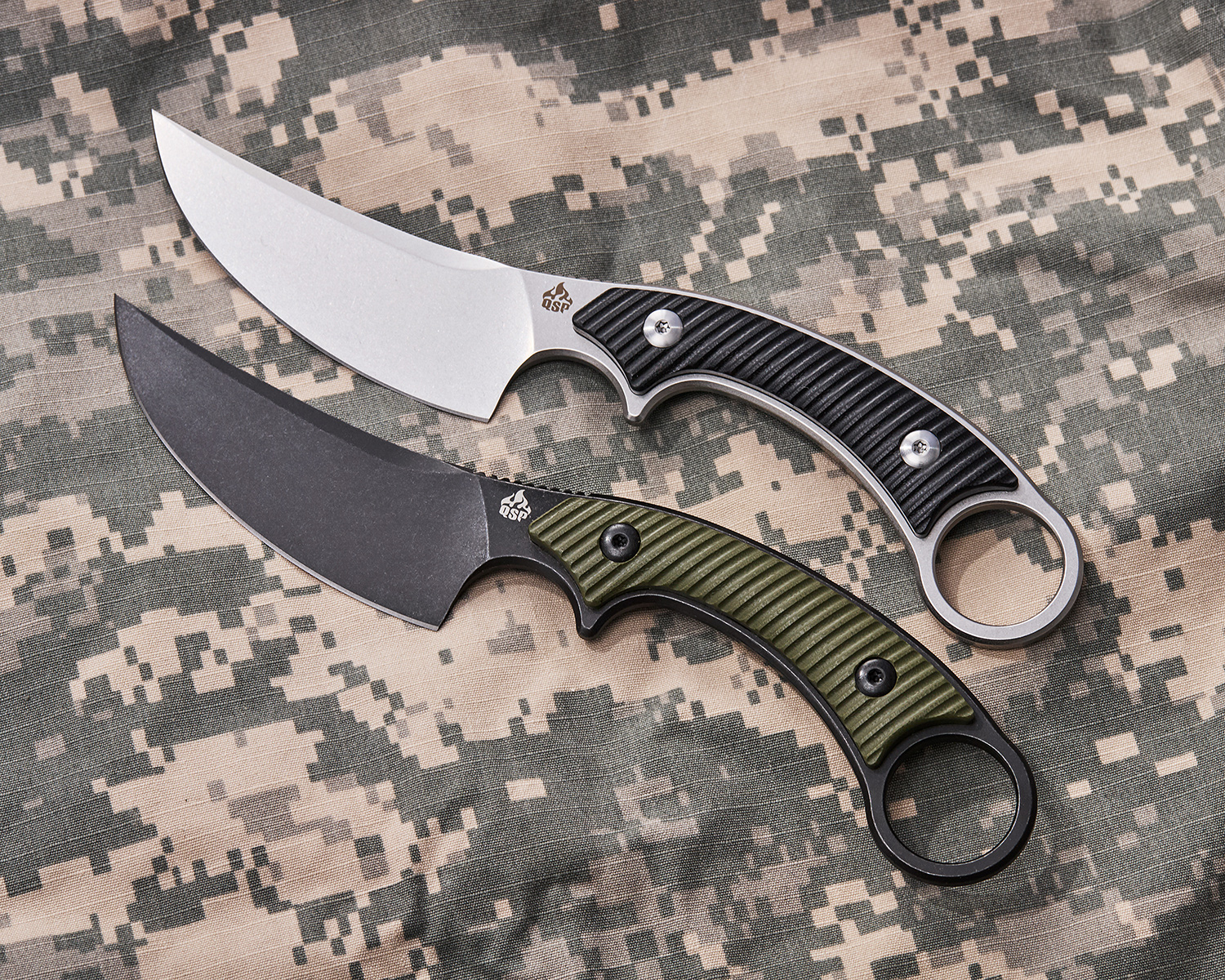 QSP Knives Viper Fixed Blade Knife 4" 10Cr15MoV Stonewashed Trailing Point  Blade, Black G10 Handles, Kydex Sheath - KnifeCenter - QS166-A1