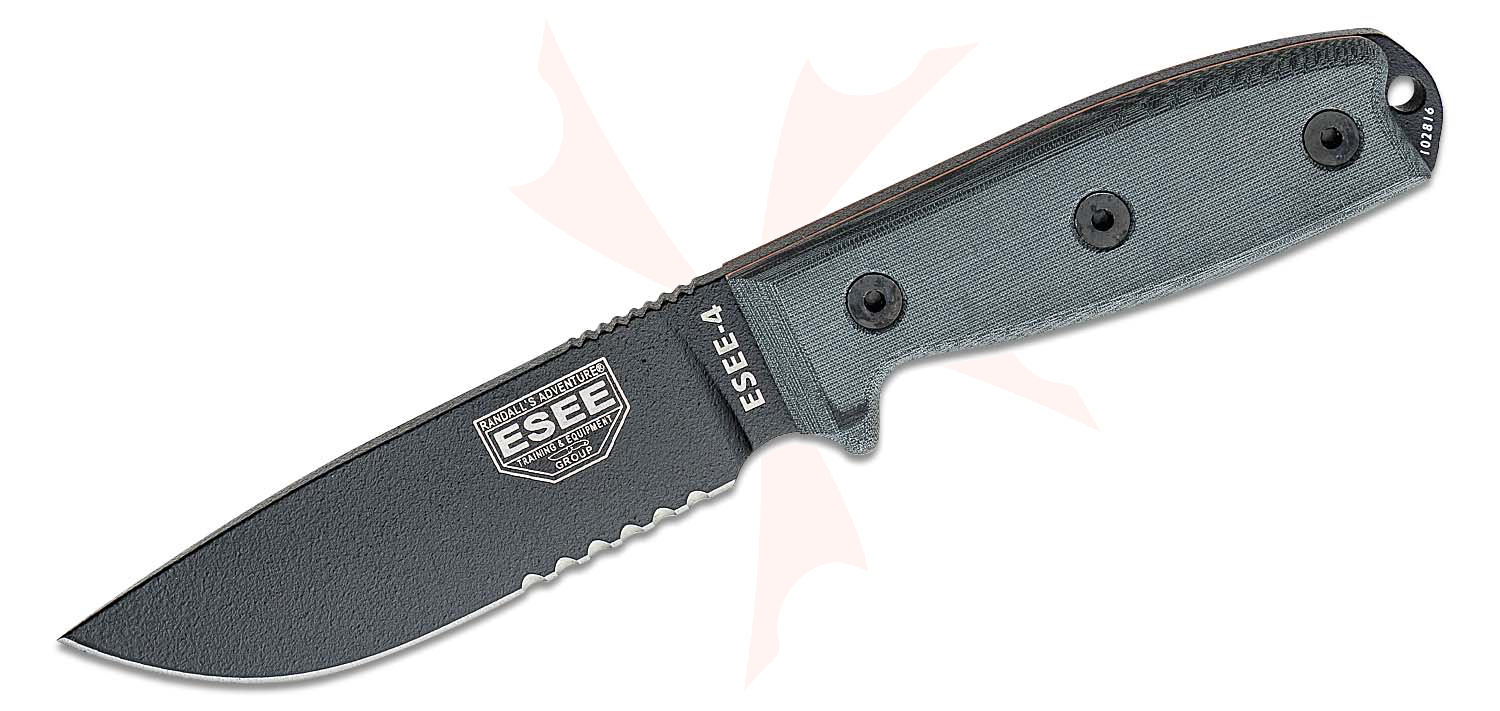 ESEE Knives ESEE-4S 4.5 1095 Black Combo Blade, Canvas Micarta Handles,  Black Sheath, Clip Plate - KnifeCenter - ESEE-4S-B