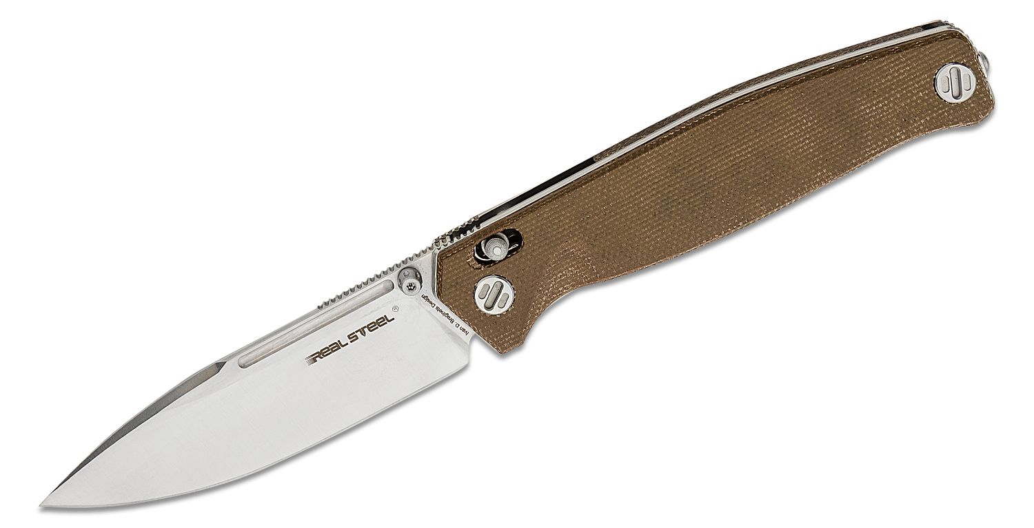 WMK Exclusive Real Steel Huginn Folding Knife Brown Linen Micarta Handle  VG-10 Plain Edge Satin Finish RS7653NL