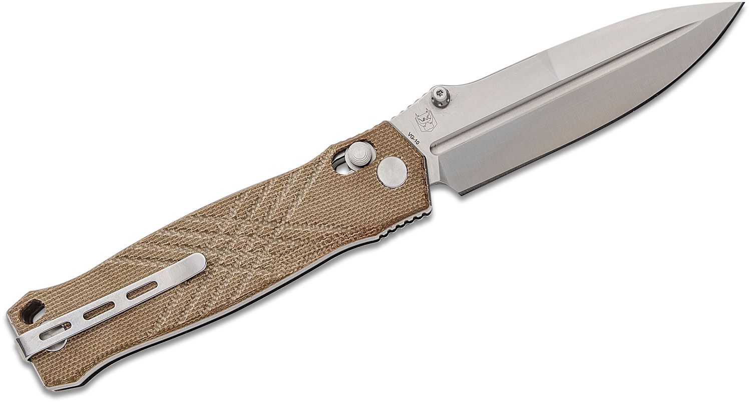 WMK Exclusive Real Steel Huginn Folding Knife Brown Linen Micarta Handle  VG-10 Plain Edge Satin Finish RS7653NL