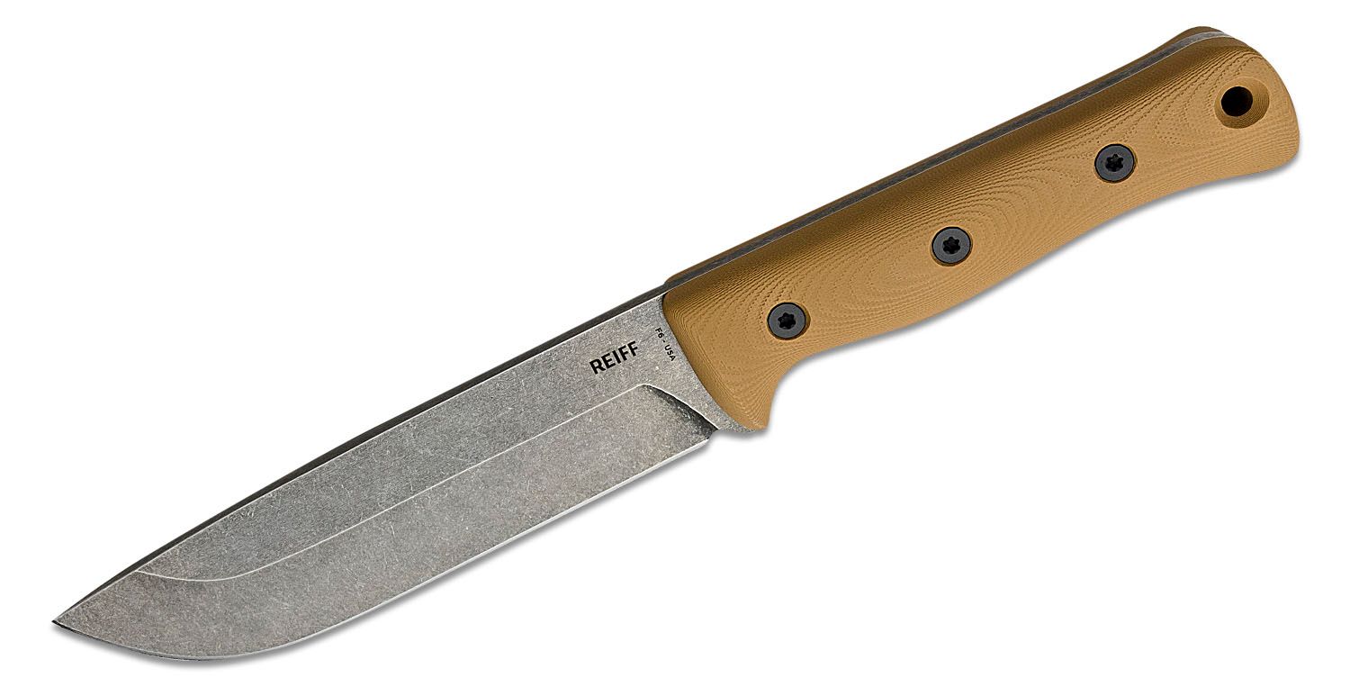 Reiff Knives F6 Leuku Fixed Blade Knife 6 CPM-3V Acid Stonewashed Drop  Point, Coyote Tan G10 Handles, Leather Sheath - KnifeCenter - F611CTGBRLR