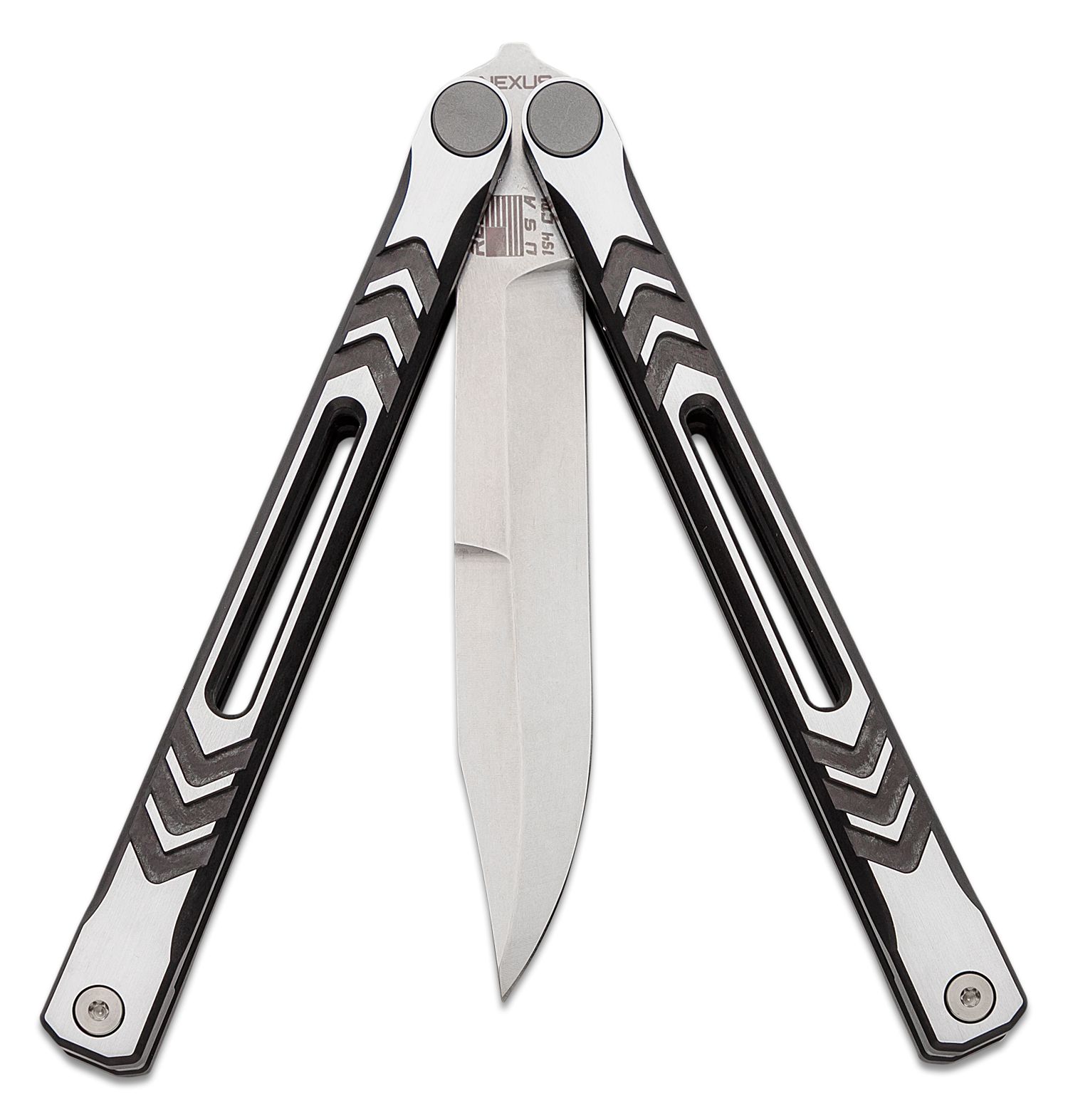 REVO Knives by BRS Nexus Balisong Butterfly Knife 4.5 154CM Stonewashed  Clip Point Blade, Gold Milled Aluminum Handles - KnifeCenter - NEXGOLD