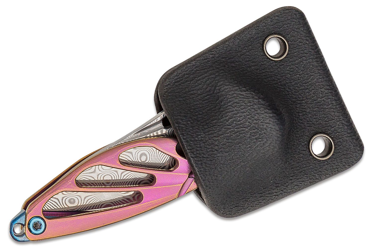 Rike Knife Hummingbird Miniature Keychain Flipper 1.57 Rose Damasteel Blade,  Pink Anodized Titanium Handles, Kydex Neck Sheath - KnifeCenter - Mini-Pi