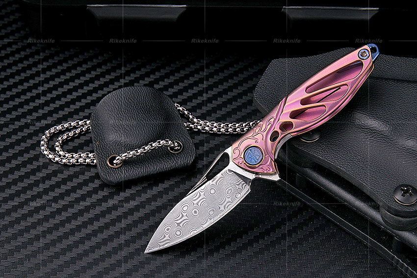 Rike Knife Hummingbird Miniature Keychain Flipper 1.57 Rose Damasteel Blade,  Pink Anodized Titanium Handles, Kydex Neck Sheath - KnifeCenter - Mini-Pi