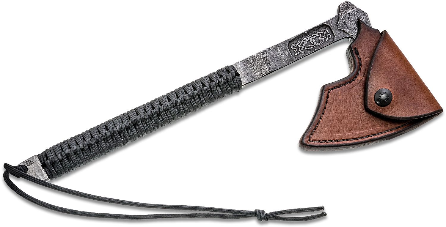 Braided leather handle wrap on a tomahawk or belt ax 