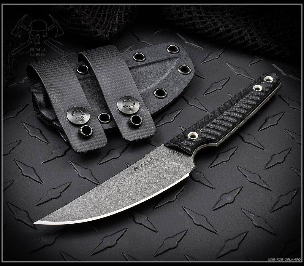 RMJ Jackdaw Cleaver Style Fixed Blade Black G10 Scales w/ Tungsten Cerakote  Nitro V Plain Edge