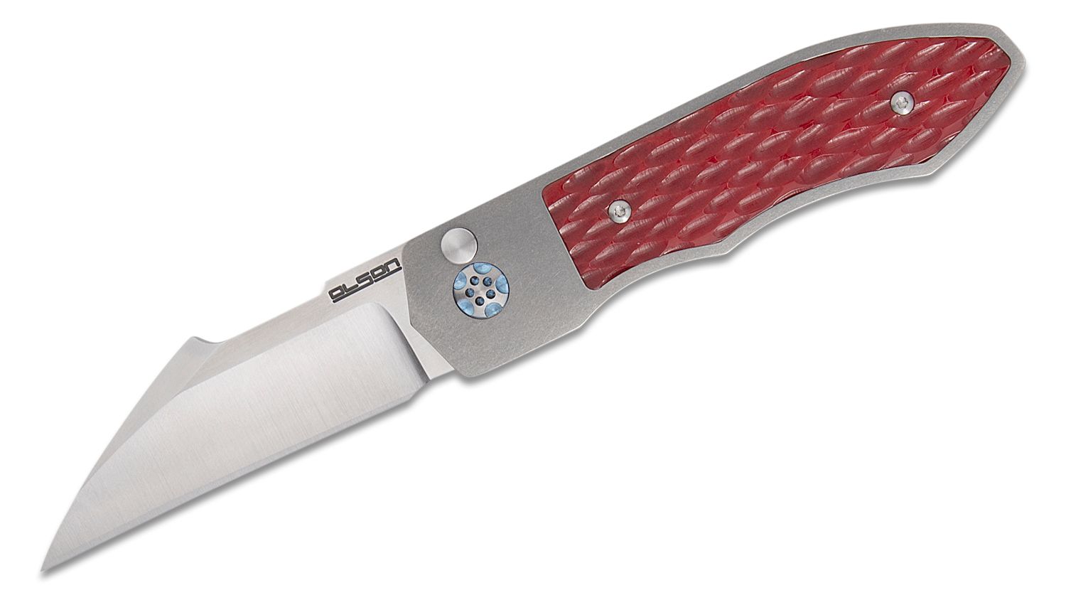 Rod Olson Custom JV Sunda Button Lock Front Flipper Knife 3.25 RWL-34  Wharncliffe Blade, Titanium Handles with Red Jigged Bone Inlays -  KnifeCenter - Sunda BL - Discontinued