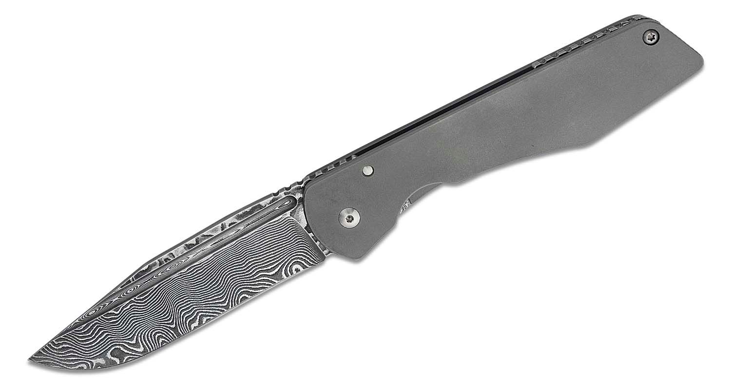 Schanz Handmade Knives Custom DPPK3 Prototype Front Flipper Knife 4.75  Schneider Damascus Blade, Machined Titanium Handles, Damascus Accents -  KnifeCenter - Discontinued