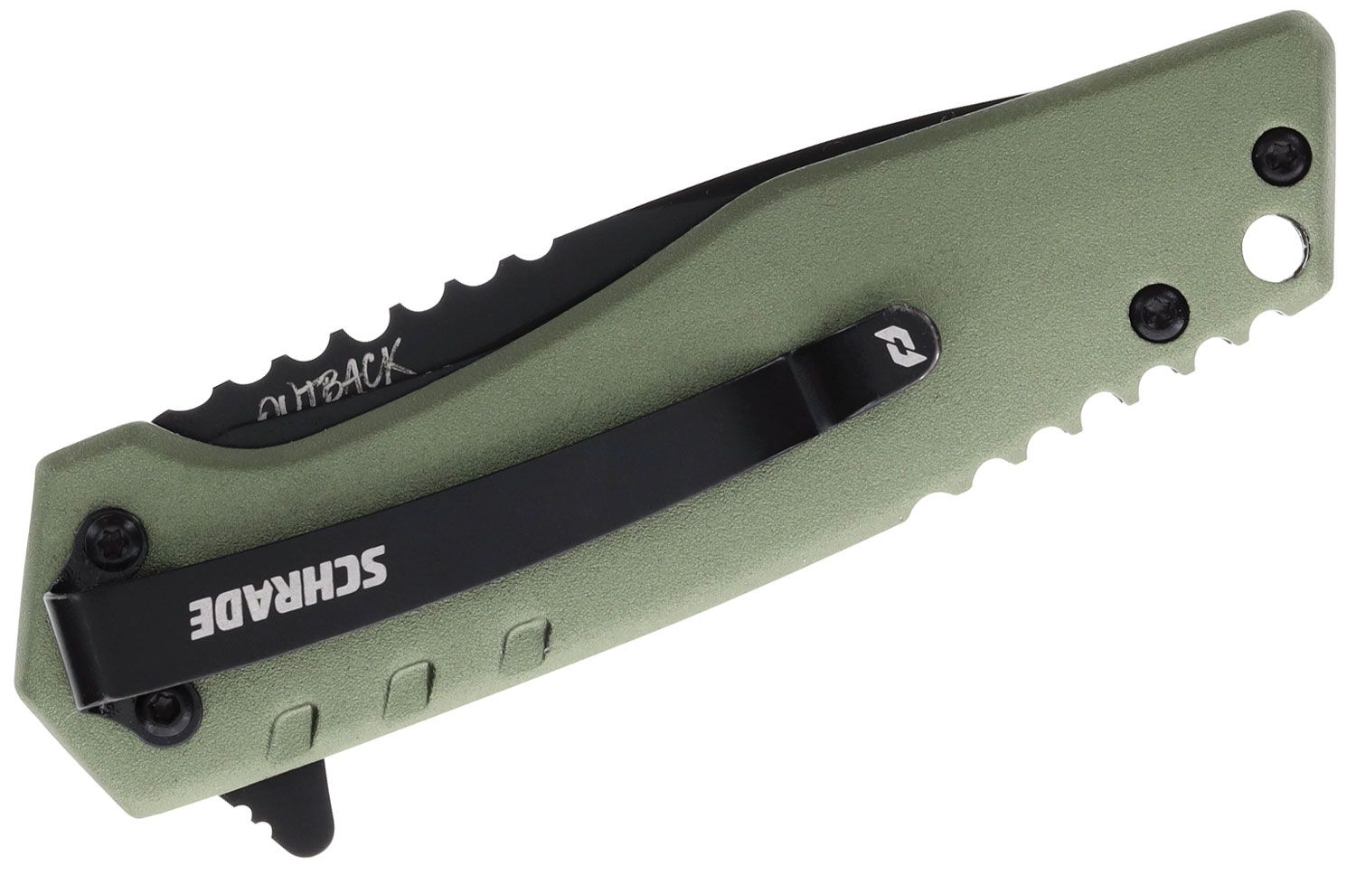 Schrade Small Assisted Black Blade Green Handle Knife Serrated