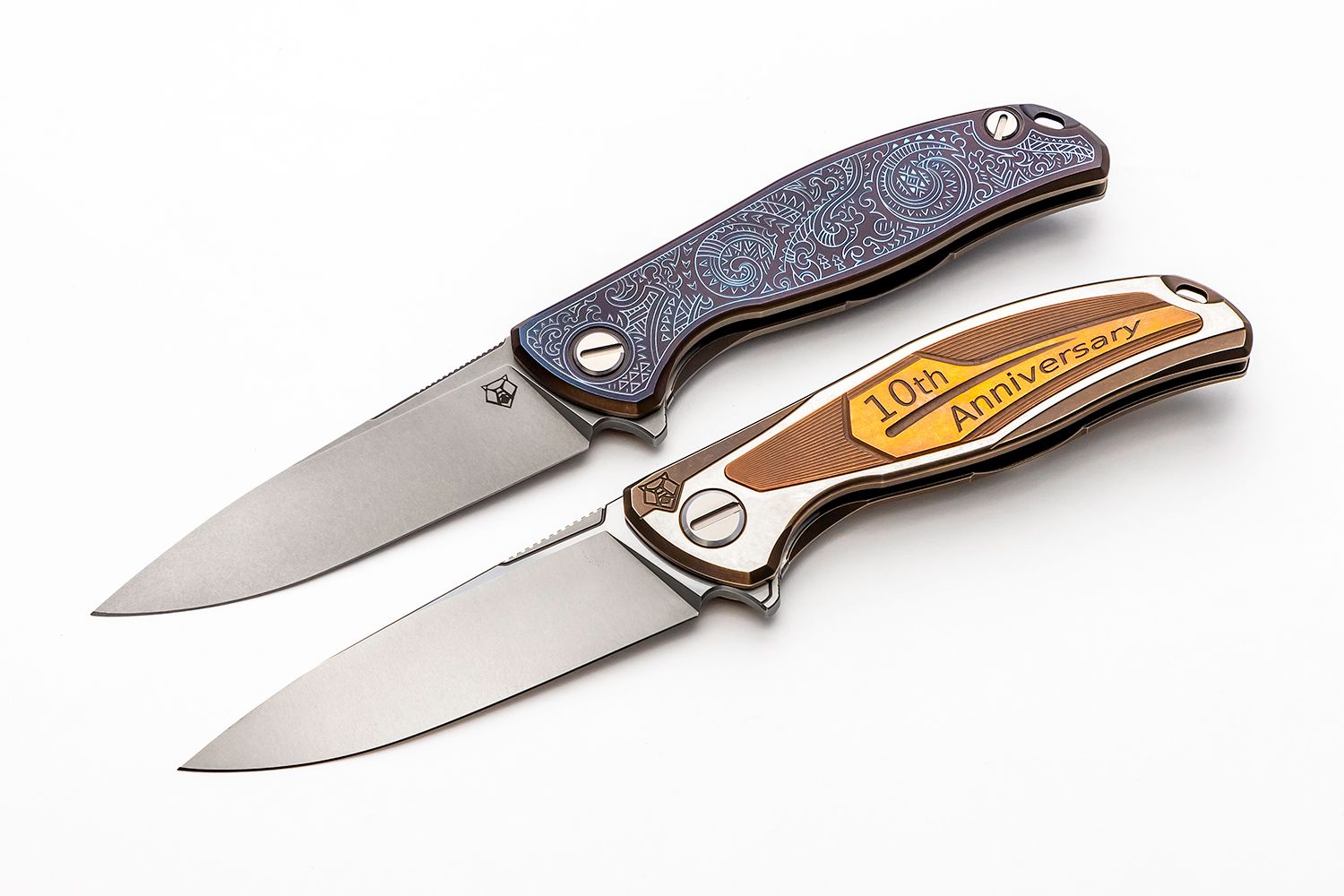 Shirogorov Custom Division 10th Anniversary Limited Edition F95 18 100 Flipper Knife 3 875 Cpm S90v Blade Two Tone Titanium Handles With Copper Inlays Knifecenter Discontinued