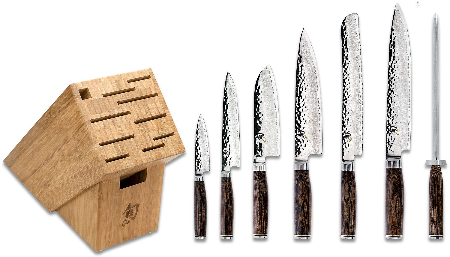 Shun TDMS0808 Premier Hammered Blade Professional 8 Piece Bamboo Block Set  - KnifeCenter