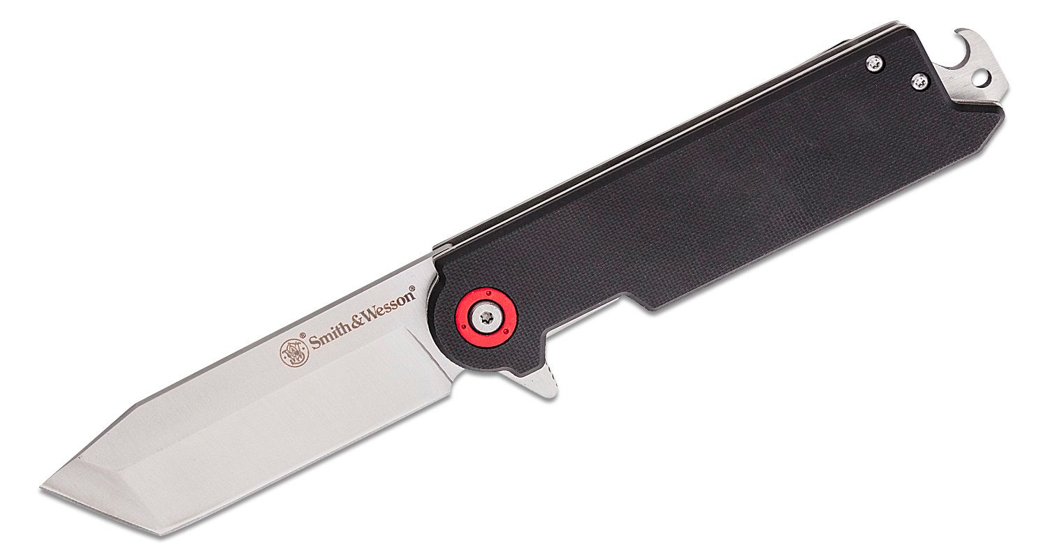 Smith & Wesson Big Benji Flipper Knife 3.5 Satin Tanto Blade, Black G10  and Steel Handles - KnifeCenter - 1193145