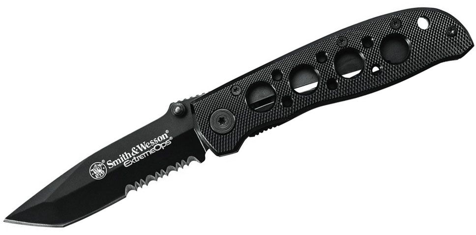 Smith & Wesson Extreme Ops Folding Knife 3.2 Black Combo Tanto Blade, Black  Aluminum Handles - KnifeCenter - CK5TBS
