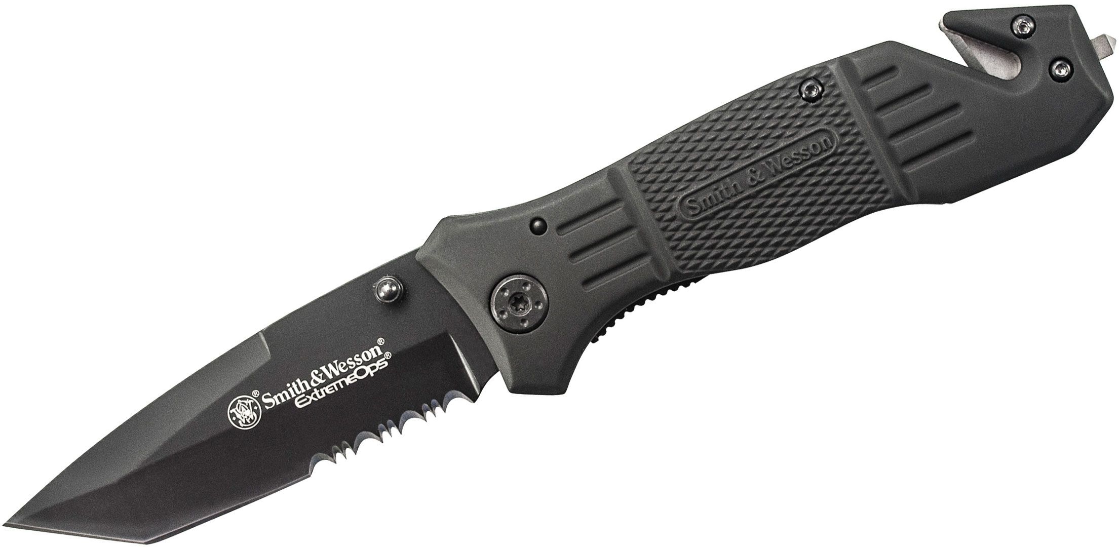 Smith & Wesson Extreme Ops First Response Rescue Folding Knife 3.3 Black  Tanto Combo Blade, Rubber Coated Aluminum Handles - KnifeCenter - SWFR2S