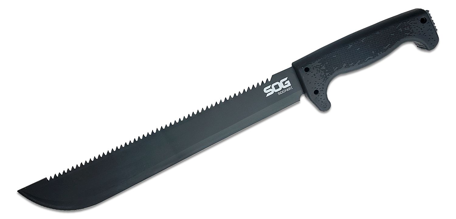 SOG SOGfari Sawback Machete 13 Carbon Steel Blade, Kraton Handles -  KnifeCenter - MC01-N