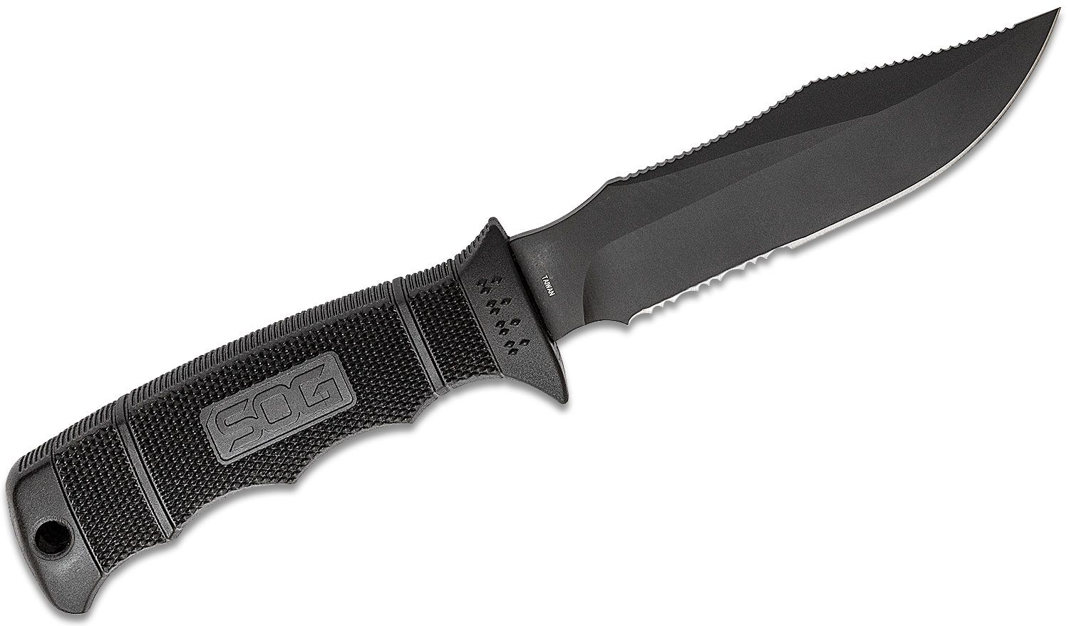 SOG SEAL Pup Elite Fixed 4.85 Black Tini Combo Blade, GRN Handles, Kydex  Sheath - KnifeCenter - E37T-K