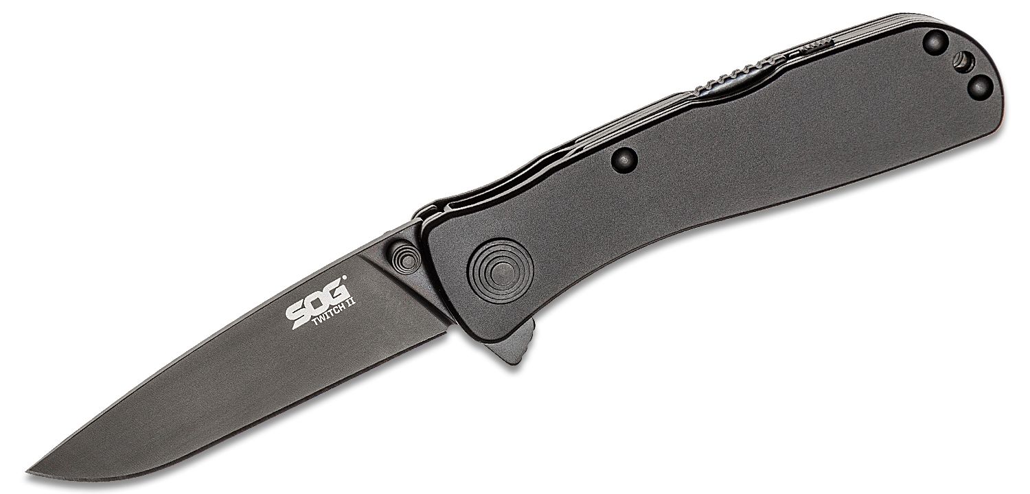 Sog Twitch Ii Assisted Flipper 2 65 Black Tini Plain Blade Black Aluminum Handles Knifecenter Twi12 Cp