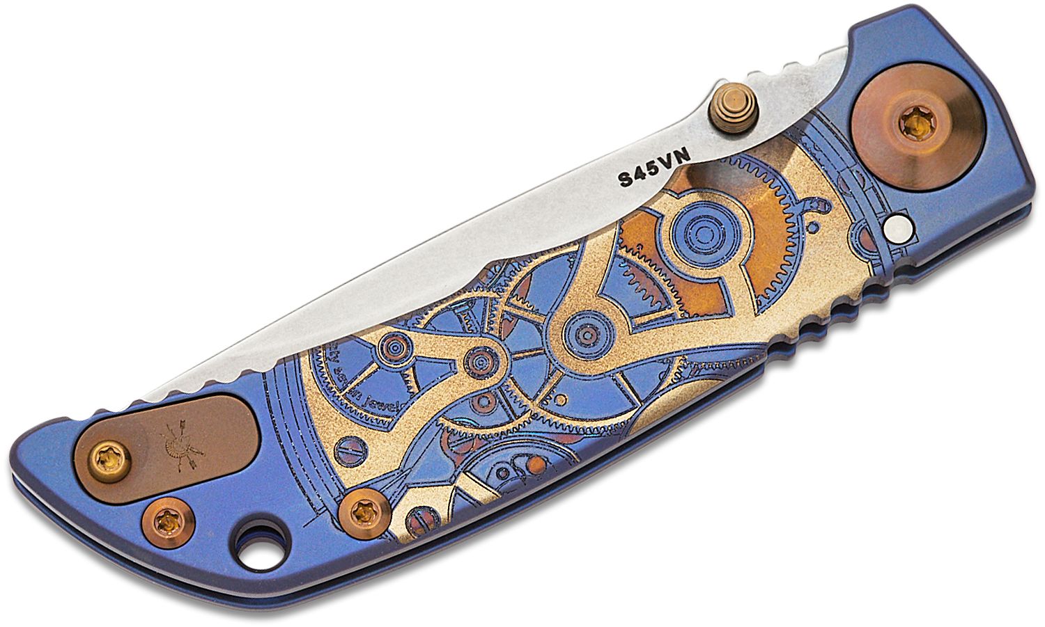 Spartan Blades SHF Custom Harsey Folding Knife 3.95 S45VN Stonewashed  Plain Blade, Blue Plague Doctor Engraved Titanium Handles - KnifeCenter -  SF5 Custom