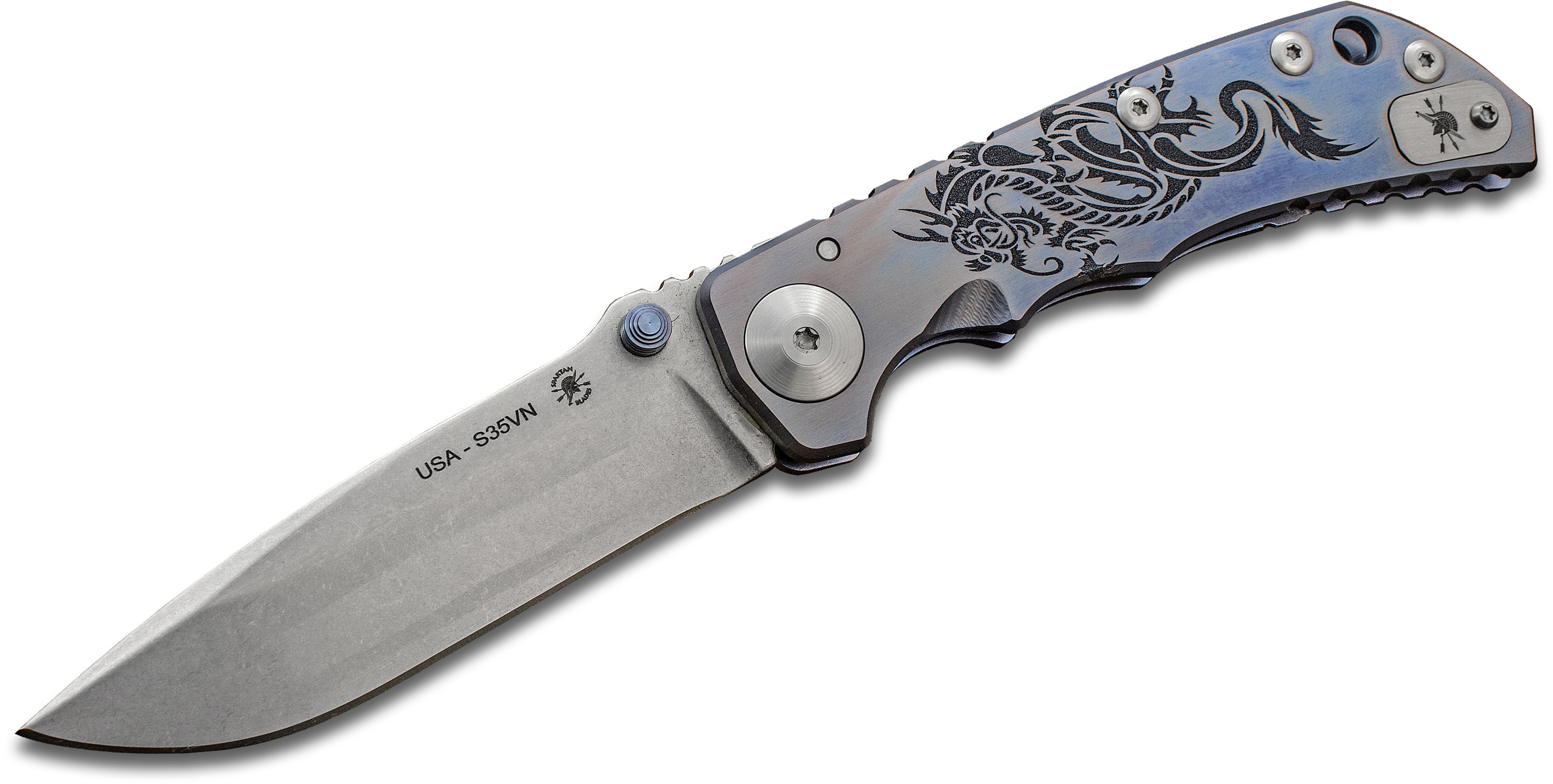 Spartan Blades SHF Custom Harsey Folding Knife 3.95 S45VN Stonewashed  Plain Blade, Blue Plague Doctor Engraved Titanium Handles - KnifeCenter -  SF5 Custom