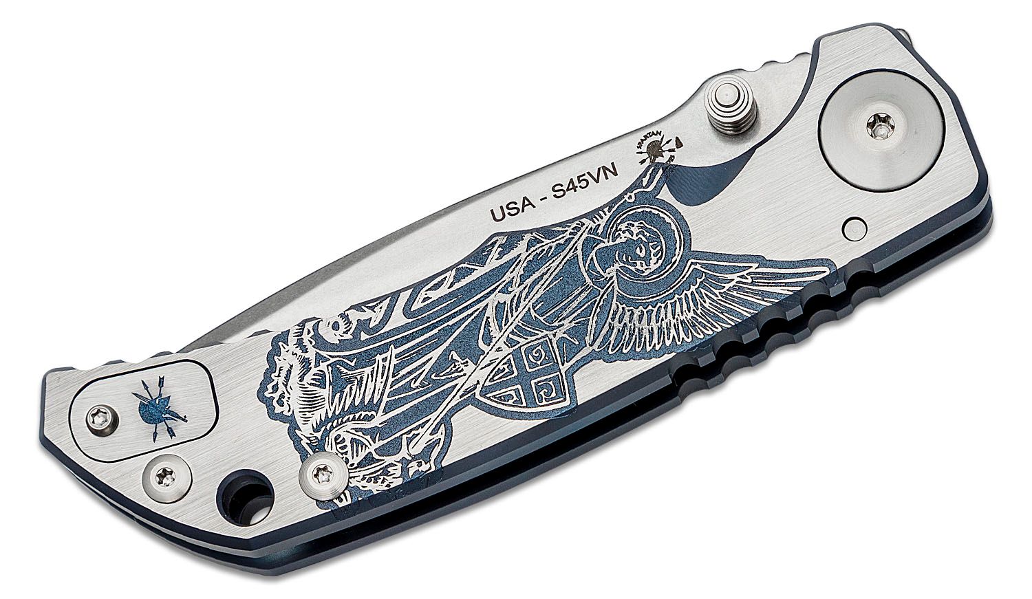 Spartan Blades SHF Custom Harsey Folding Knife 3.95 S45VN Stonewashed  Plain Blade, Blue Plague Doctor Engraved Titanium Handles - KnifeCenter -  SF5 Custom