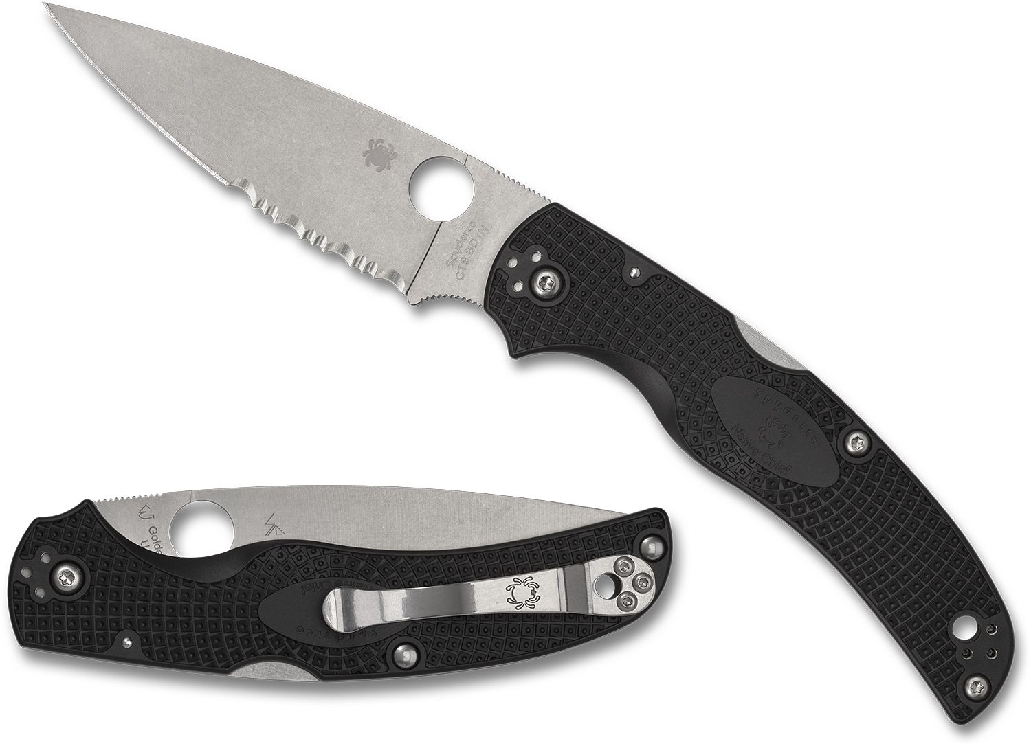Spyderco Native Chief Lightweight Folding Knife 4.02 CTS-BD1N Satin Combo  Blade, Black FRN Handles - KnifeCenter - C244PSBK