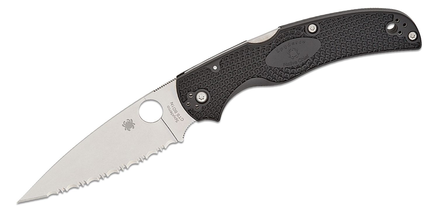 Spyderco Native Chief Lightweight Folding Knife 4.02 CTS-BD1N Satin Combo  Blade, Black FRN Handles - KnifeCenter - C244PSBK