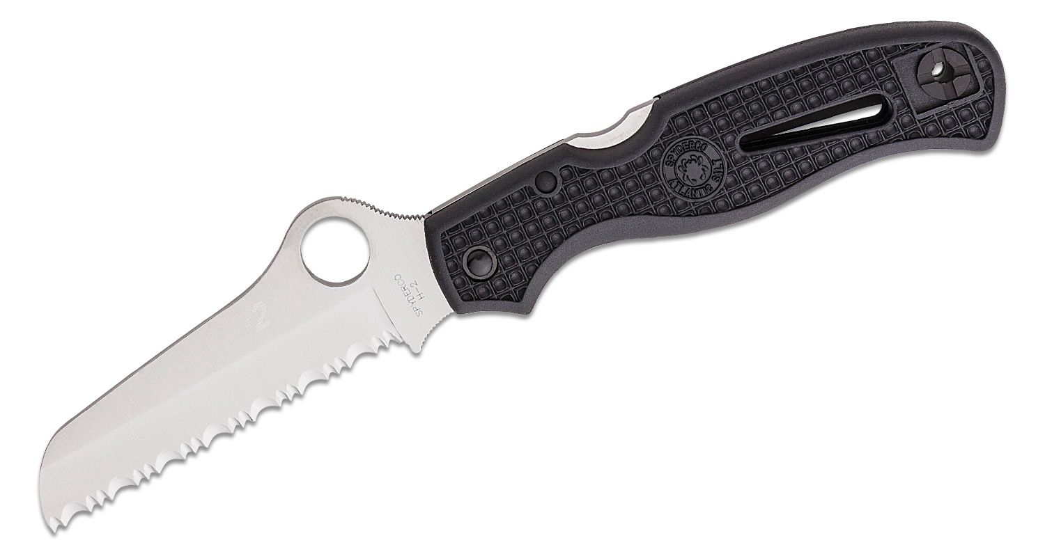 Spyderco Atlantic Salt Folding Knife 3-11/16 H1 Serrated Rescue Blade,  Black FRN Handles - KnifeCenter - C89SBK