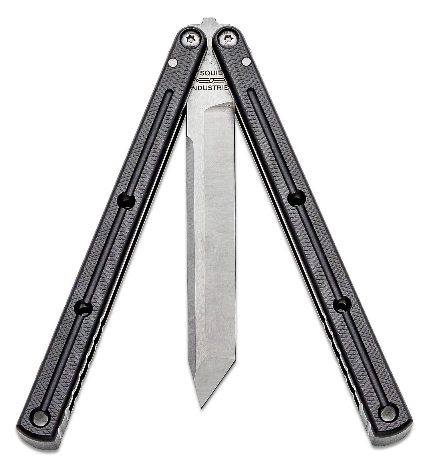 Squid Industries Krake Raken V2.5 Butterfly Balisong Tanto Satin Blade w/  Purple Aluminum Handle - Tactical Elements Inc