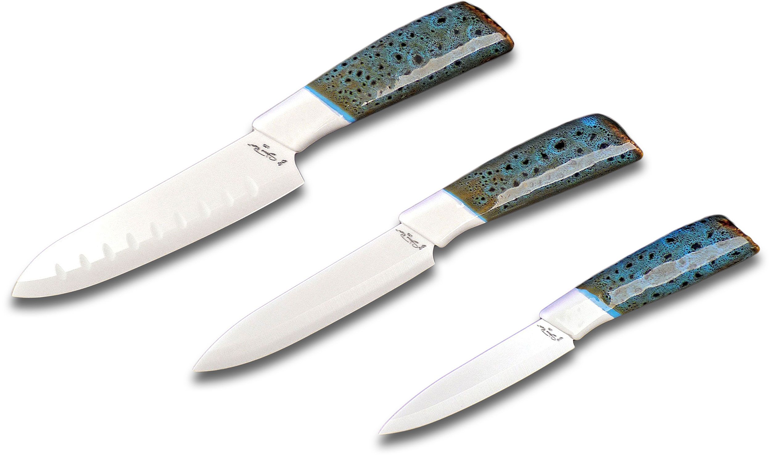 3 Knife Set with a Red Granite Handle, a Garnet Colored Cubic Zirconia  Stone at the Back of the Knife and Brass and Stainless Steel Decorative  Rings : Craftstone Knives