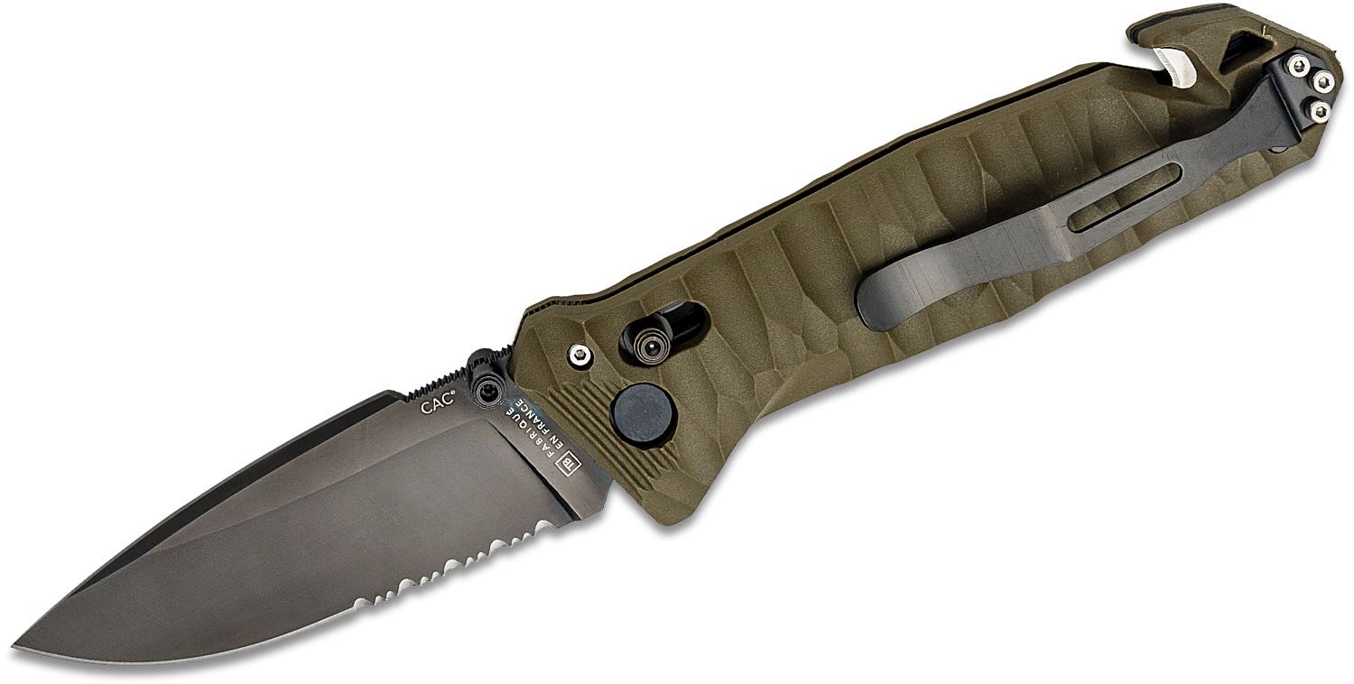 TB Outdoor CAC French Army Folding Knife, 3.62 Nitrox Black PVD Combo Drop  Point Blade, Sculpted OD Green PA6 Polymer Handles - KnifeCenter - 11060053