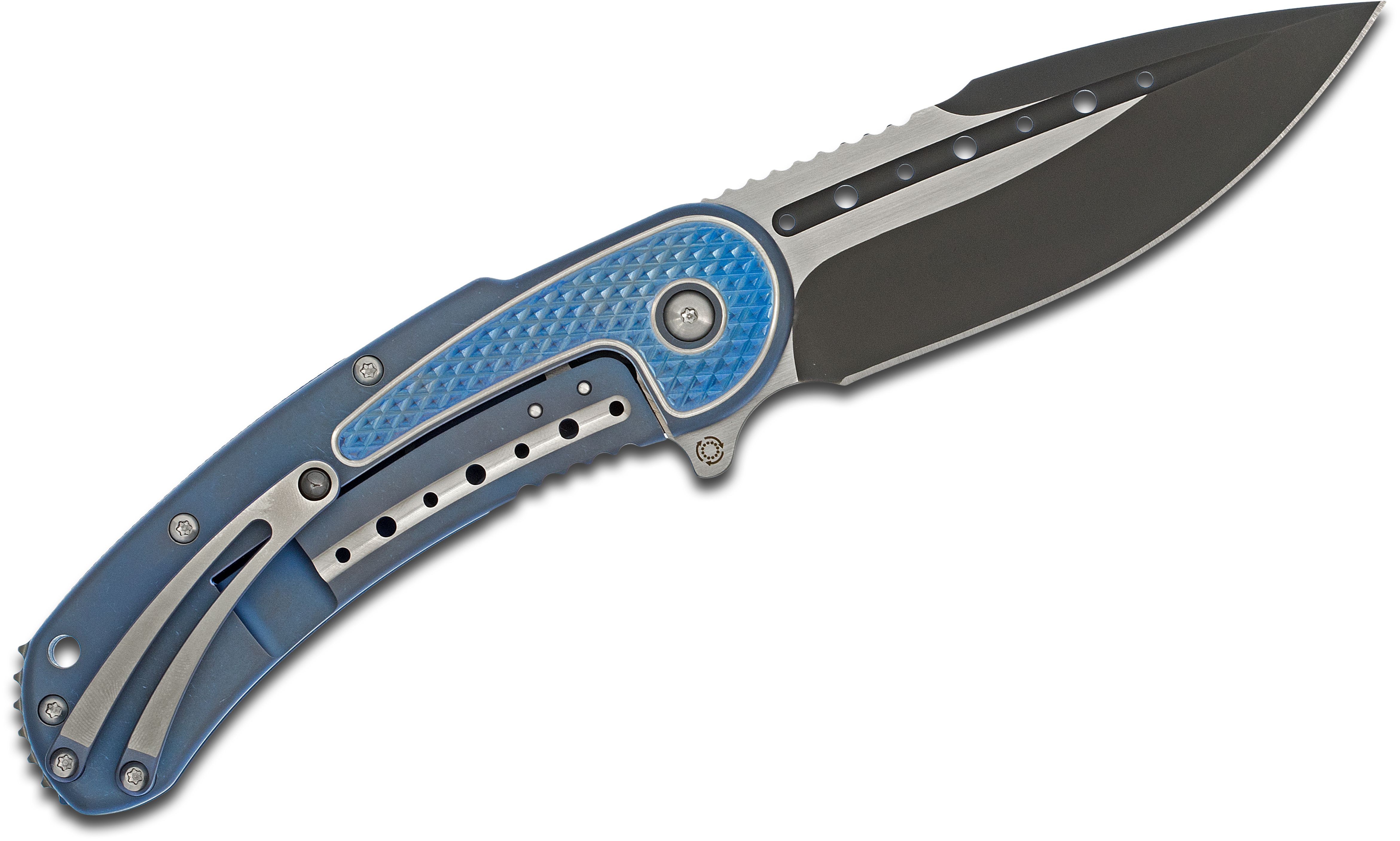 Todd Begg Knives: Steelcraft Series - Bodega - Blue Frame - Blue Diamond  Pattern - Damasteel 101