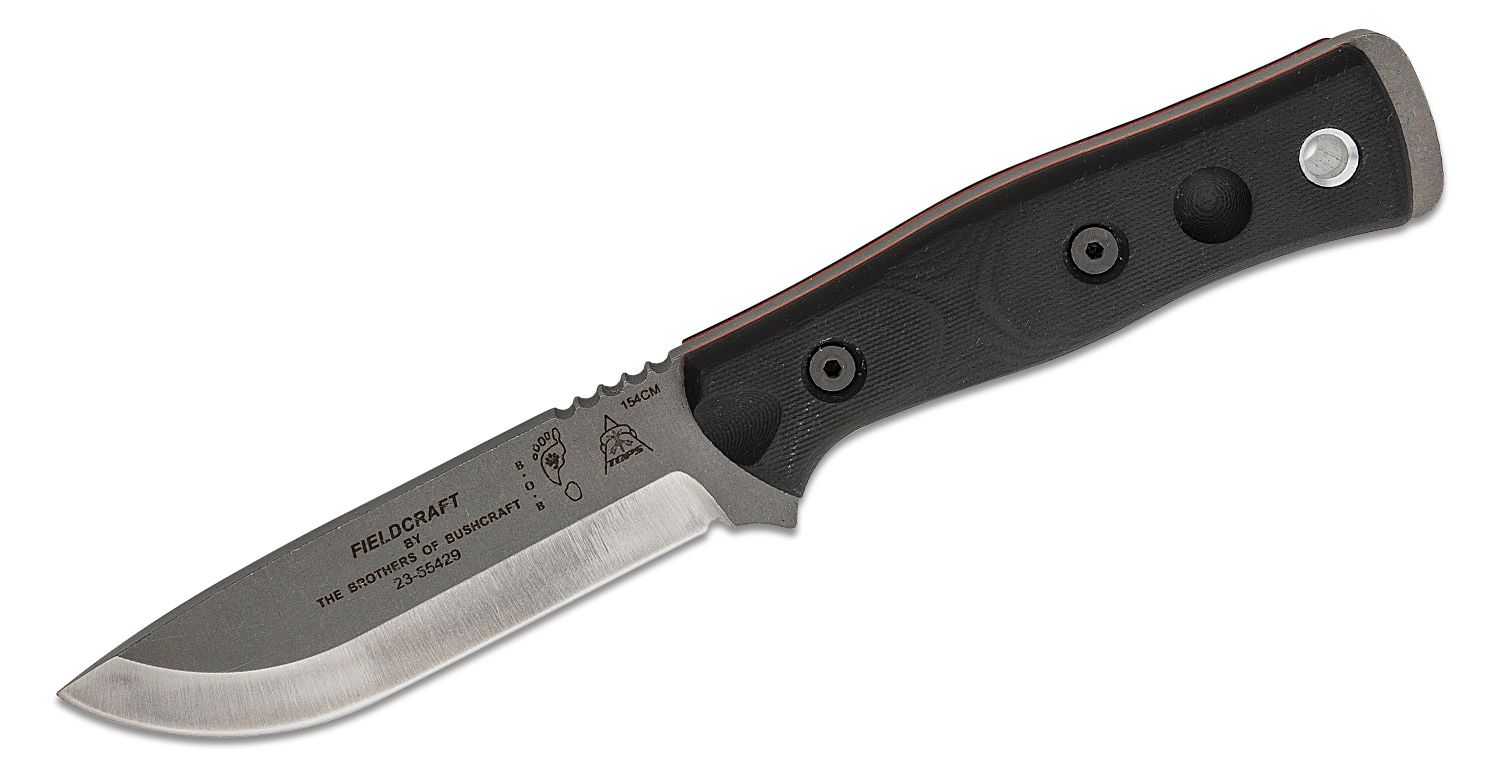 TOPS Knives BOB Brothers of Bushcraft Fieldcraft Fixed 4.75 154CM Blade,  Black G10 Handles, Kydex Sheath - KnifeCenter - BROS-154-BLK10