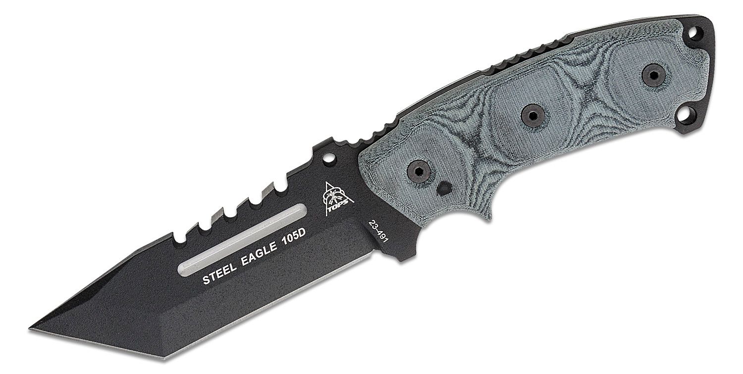 TOPS Knives Steel Eagle 105D Fixed Blade Knife 5.13 1095 Carbon Black  Tanto Blade with Sawback
