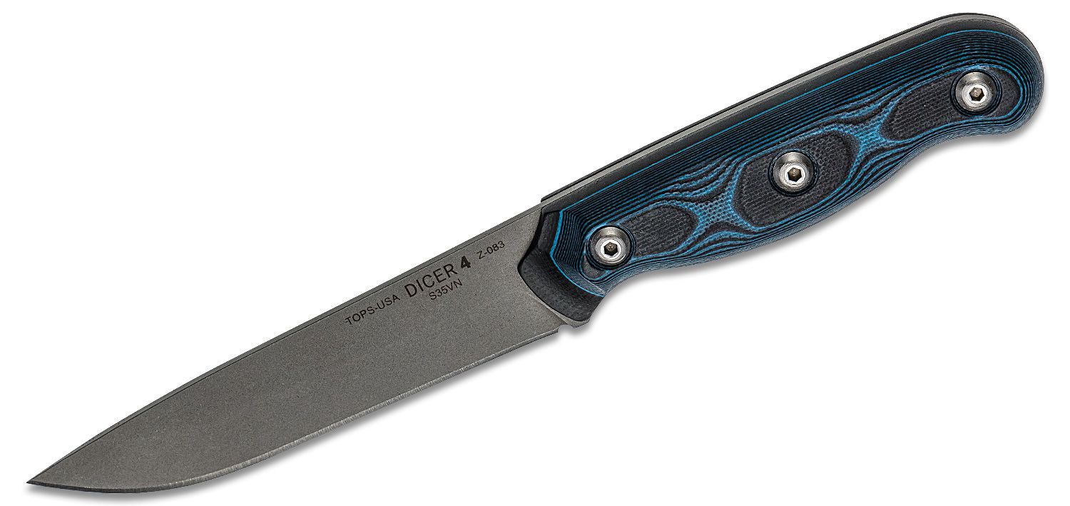 TOPS Knives Dicer 4 Steak Knife 4.38 CPM-S35VN Tumbled Blade, Black  Micarta & Blue/Black G10 Handles, Black Kydex Sheath - KnifeCenter - DCR4-01