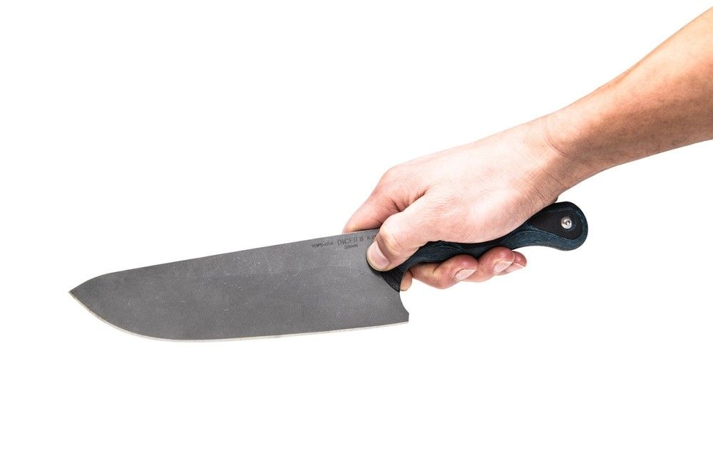 TOPS Knives Dicer 4 Steak Knife 4.38 CPM-S35VN Tumbled Blade, Black  Micarta & Blue/Black G10 Handles, Black Kydex Sheath - KnifeCenter - DCR4-01